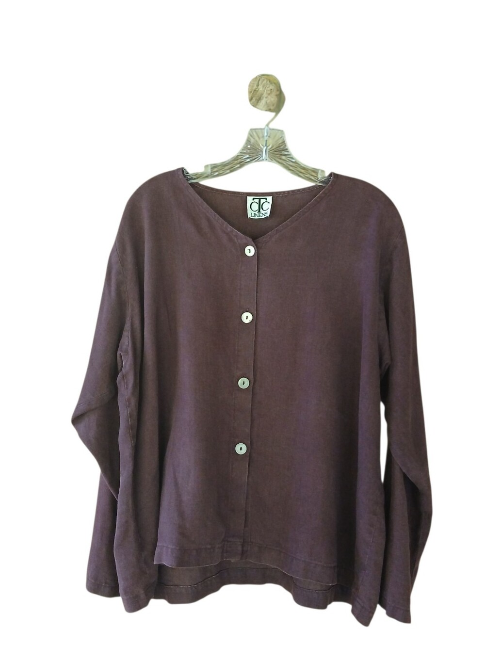 CTC Linens Brown V Neck Long Sleeved Button Down Linen Shirt Large